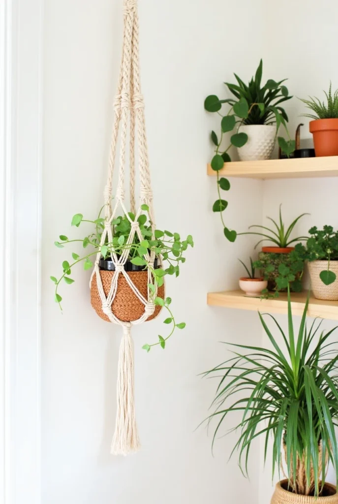 Bohemian indoor plant decor ideas mixed plants in macrame hangers and woven pots on wooden shelves.