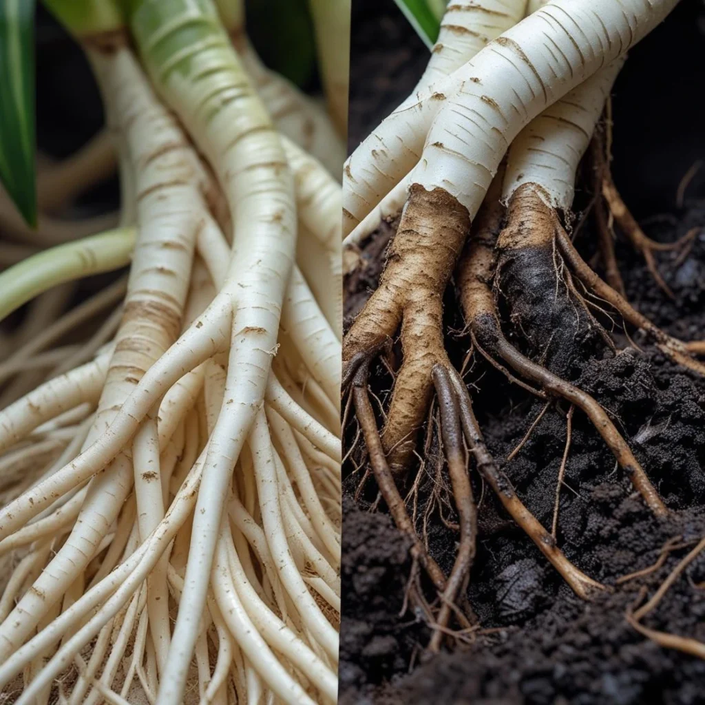Diagnosing root rot during snake plant care indoors - healthy vs. rotten roots.