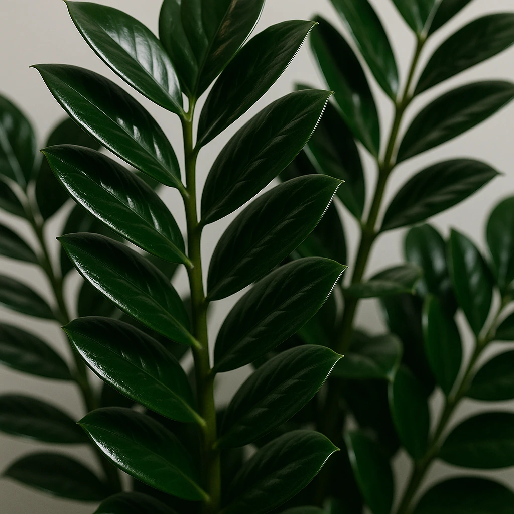 Glossy dark green leaves of a large ZZ Plant, ideal low light tolerant indoor plant.