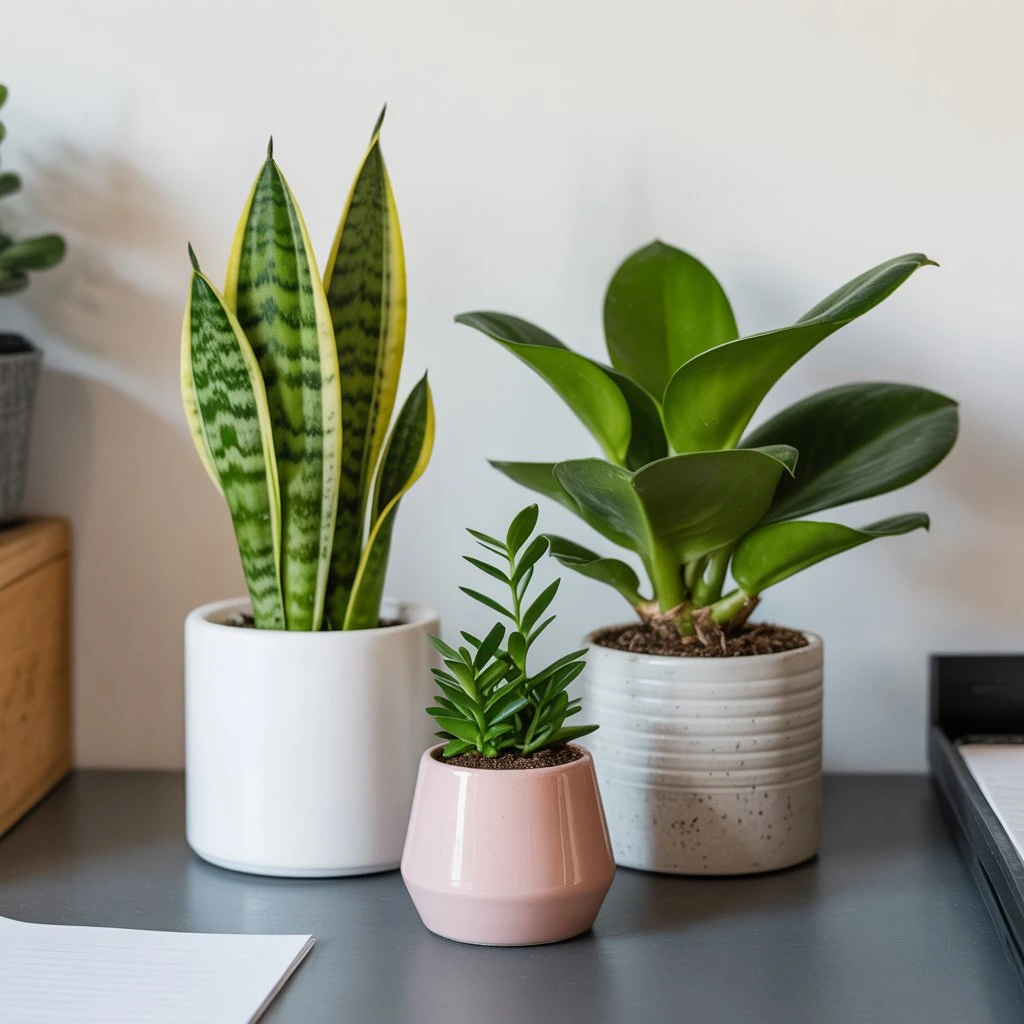 Low-maintenance little plants indoor desk grouping: Snake Plant, Peperomia, ZZ Plant