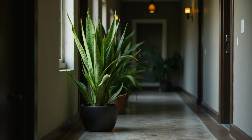 Tall Snake Plant with yellow-edged leaves thriving as a large low light indoor plant in a hallway.