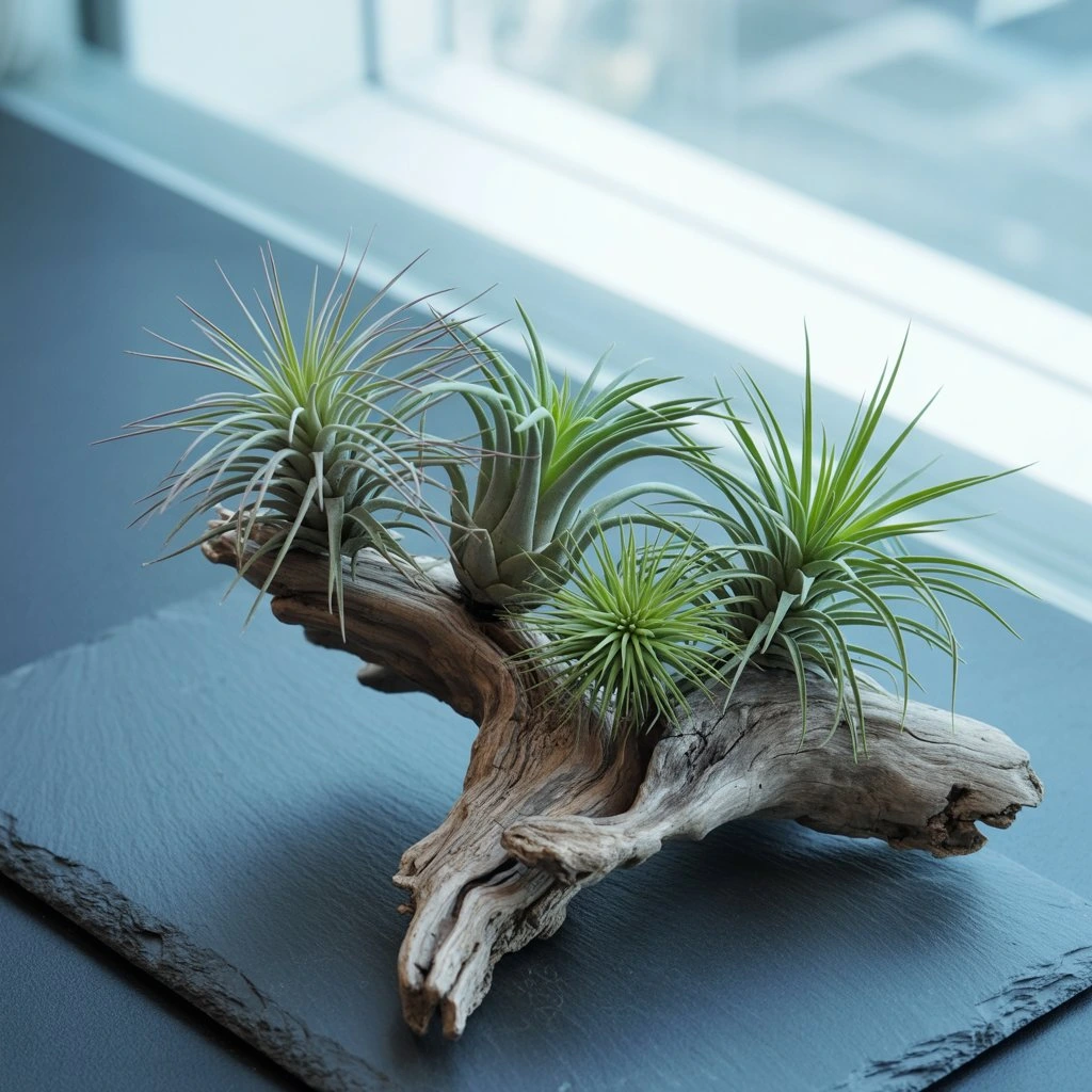 Unique little plants indoor Tillandsia air plants displayed on driftwood