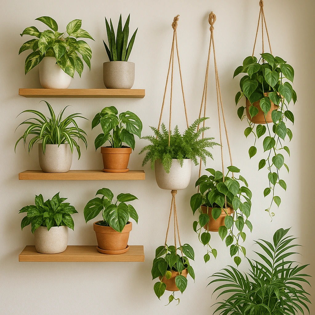 indoor plant decor ideas wall shelves and hanging planters