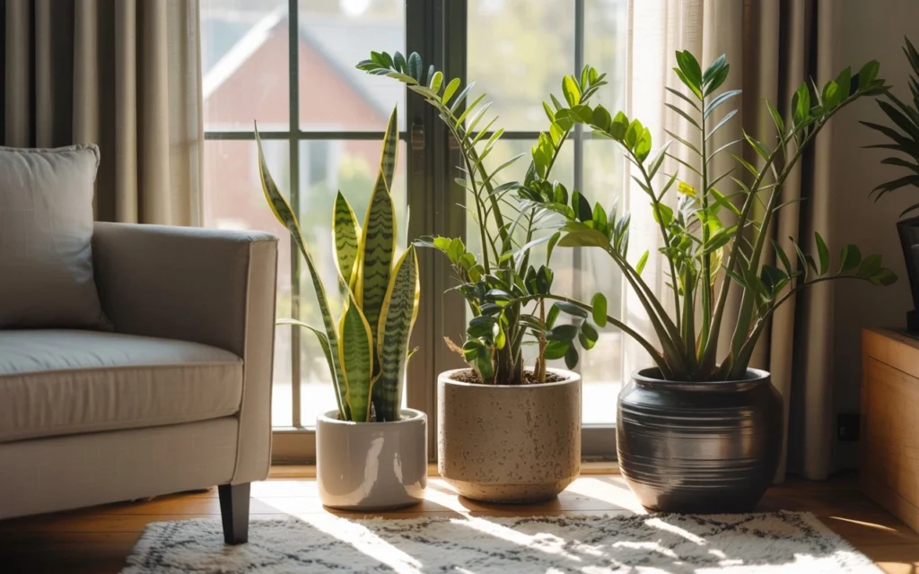 Large low light indoor plants like Snake Plant, ZZ Plant, and Cast Iron Plant thriving in a cozy dim corner.